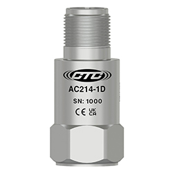 A render of a CTC AC214 stainless steel, standard size, top exit industrial accelerometer.